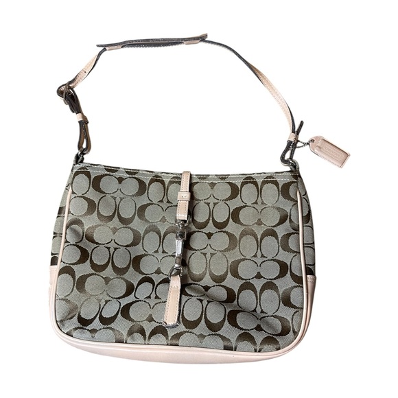 Coach Signature Clip Hobo Shoulder Bag – Khaki & Beige Canvas with Leather Trim - Picture 1 of 10